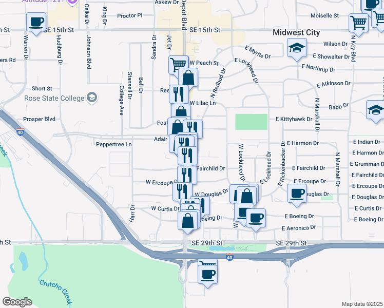 map of restaurants, bars, coffee shops, grocery stores, and more near 231 West Fairchild Drive in Midwest City