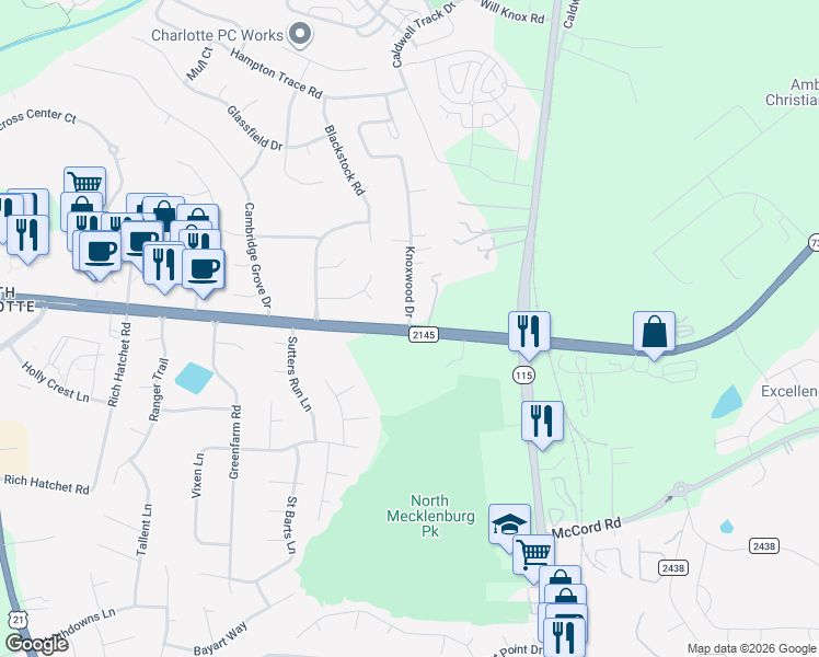 map of restaurants, bars, coffee shops, grocery stores, and more near 10600 State Road 2145 in Huntersville