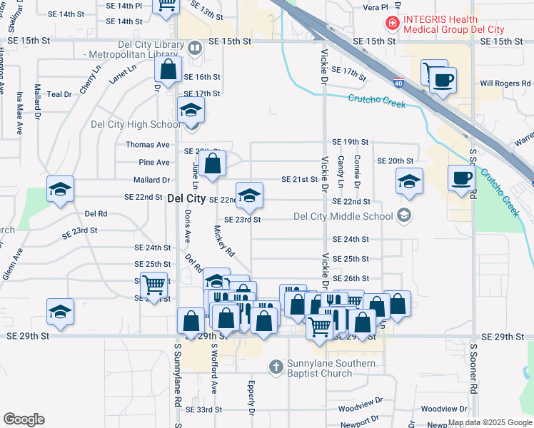 map of restaurants, bars, coffee shops, grocery stores, and more near 4520 Southeast 23rd Street in Del City