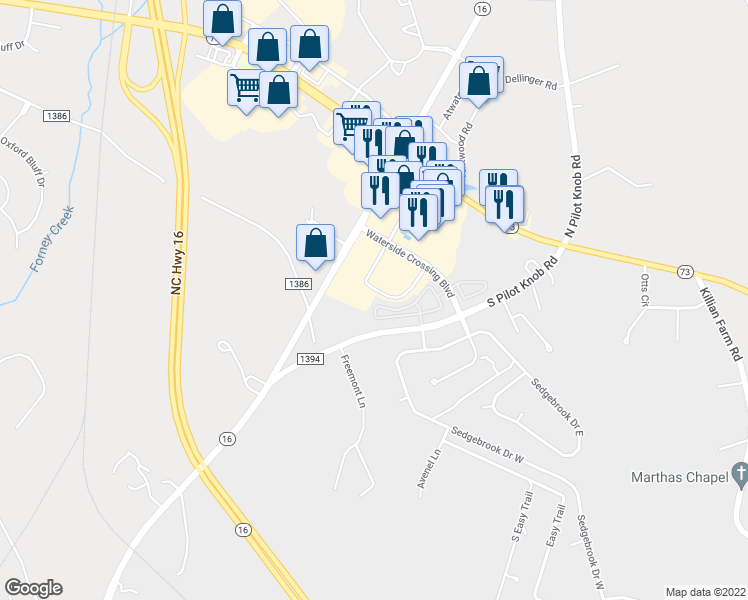 map of restaurants, bars, coffee shops, grocery stores, and more near 7579 Bluff Point Lane in Denver
