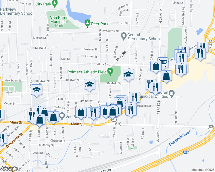 map of restaurants, bars, coffee shops, grocery stores, and more near 2022 Baldwin Street in Van Buren