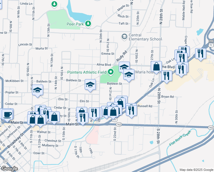 map of restaurants, bars, coffee shops, grocery stores, and more near 2020 Baldwin Street in Van Buren