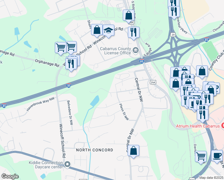 map of restaurants, bars, coffee shops, grocery stores, and more near 250 Parkwood Drive Northwest in Concord