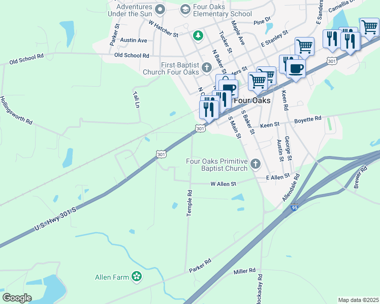 map of restaurants, bars, coffee shops, grocery stores, and more near 102 Temple Street in Four Oaks