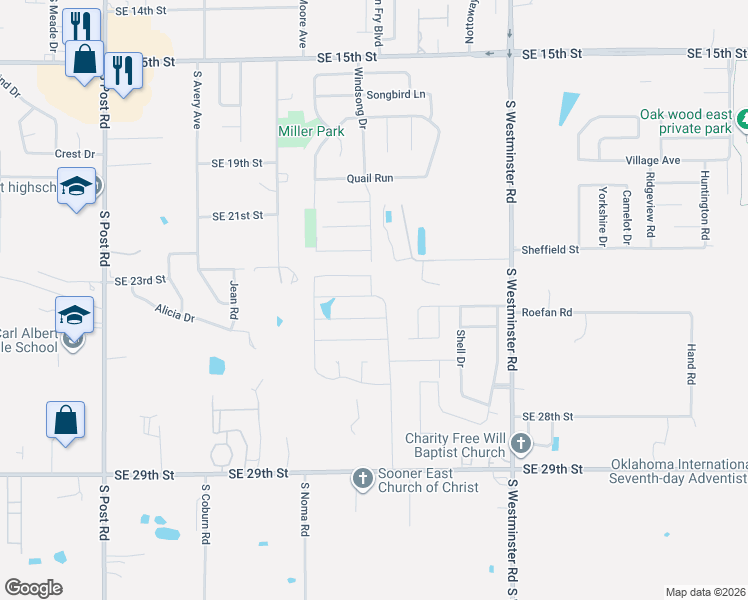 map of restaurants, bars, coffee shops, grocery stores, and more near 2109 Snapper Ln in Midwest City