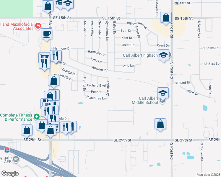 map of restaurants, bars, coffee shops, grocery stores, and more near 2340 Apple Way in Midwest City
