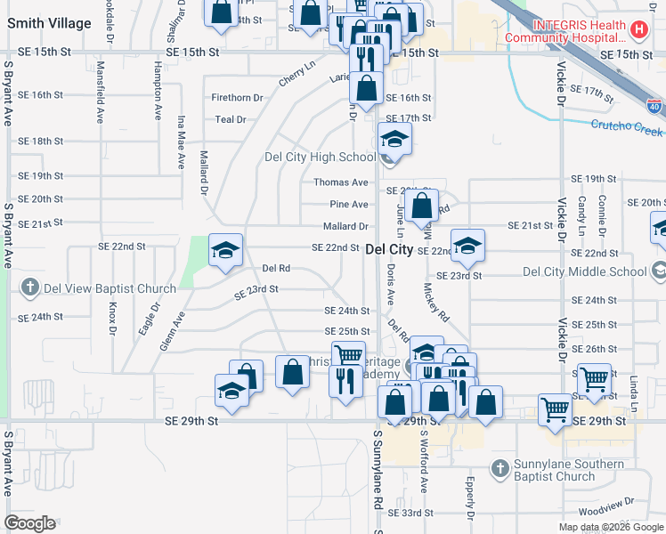 map of restaurants, bars, coffee shops, grocery stores, and more near 4200 Southeast 22nd Street in Del City