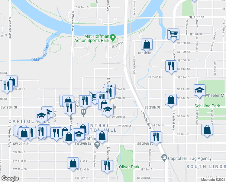 map of restaurants, bars, coffee shops, grocery stores, and more near 114 Southwest 22nd Street in Oklahoma City