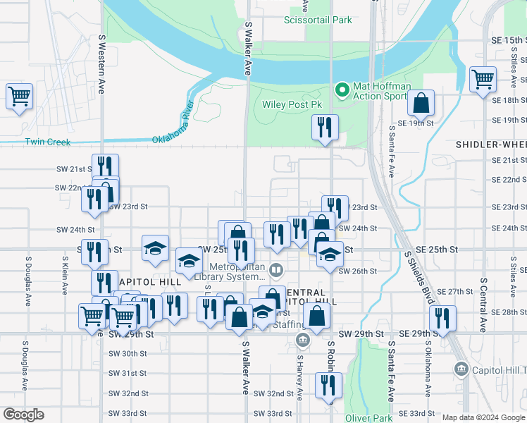 map of restaurants, bars, coffee shops, grocery stores, and more near 2324 South Walker Avenue in Oklahoma City