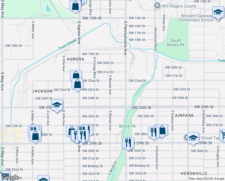 map of restaurants, bars, coffee shops, grocery stores, and more near 2130 Southwest 22nd Street in Oklahoma City