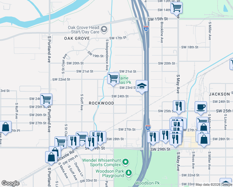 map of restaurants, bars, coffee shops, grocery stores, and more near 3217 Southwest 23rd Street in Oklahoma City