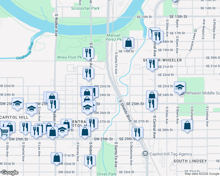 map of restaurants, bars, coffee shops, grocery stores, and more near 19 Southwest 23rd Street in Oklahoma City