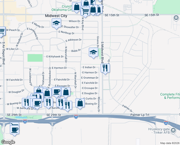 map of restaurants, bars, coffee shops, grocery stores, and more near 523 East Harmon Drive in Midwest City