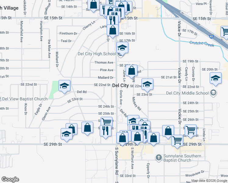 map of restaurants, bars, coffee shops, grocery stores, and more near in Del City