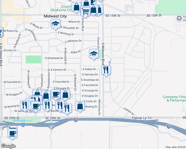 map of restaurants, bars, coffee shops, grocery stores, and more near 533 East Harmon Drive in Midwest City