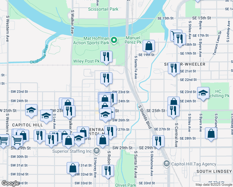 map of restaurants, bars, coffee shops, grocery stores, and more near 116 Southwest 23rd Street in Oklahoma City