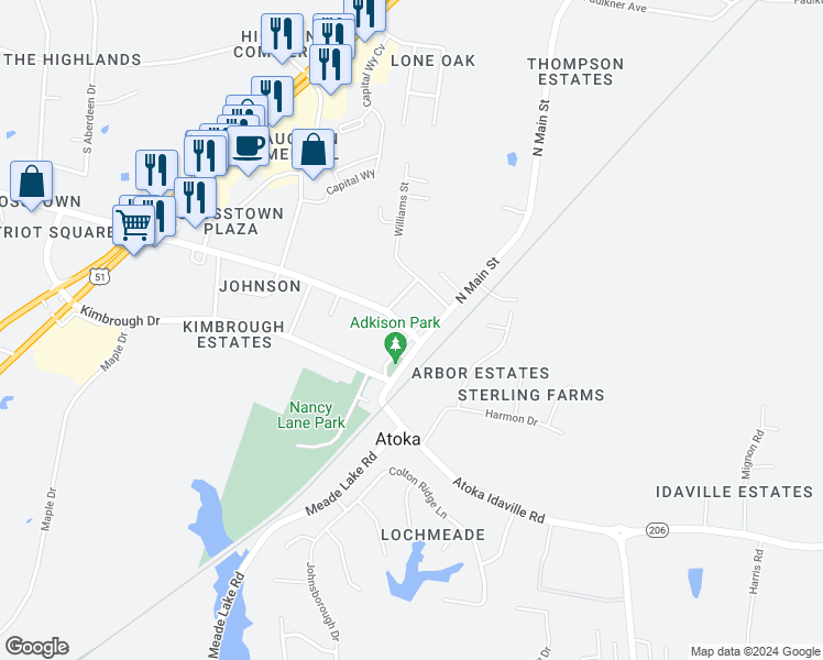 map of restaurants, bars, coffee shops, grocery stores, and more near 806 Atoka-Munford Road in Atoka
