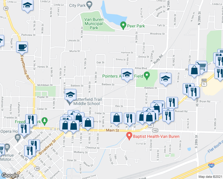 map of restaurants, bars, coffee shops, grocery stores, and more near 444 North 17th Street in Van Buren