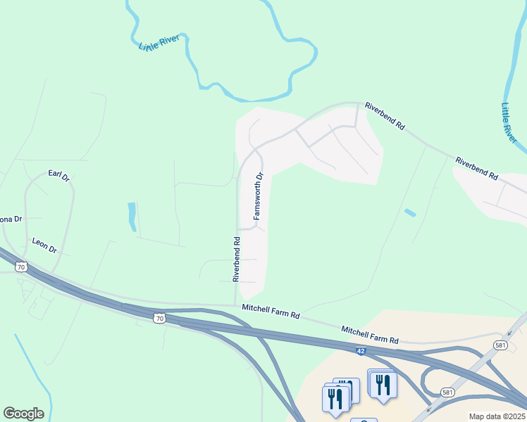 map of restaurants, bars, coffee shops, grocery stores, and more near 110 Farnsworth Drive in Goldsboro