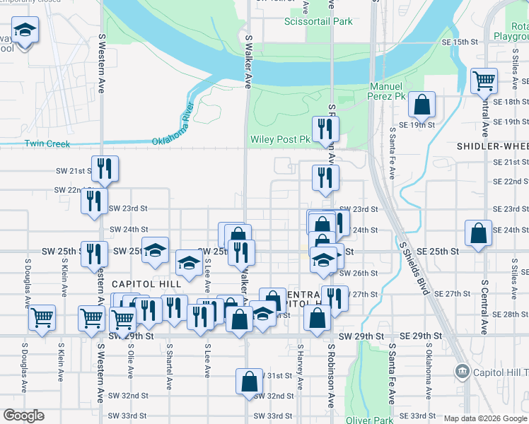 map of restaurants, bars, coffee shops, grocery stores, and more near 2324 South Walker Avenue in Oklahoma City