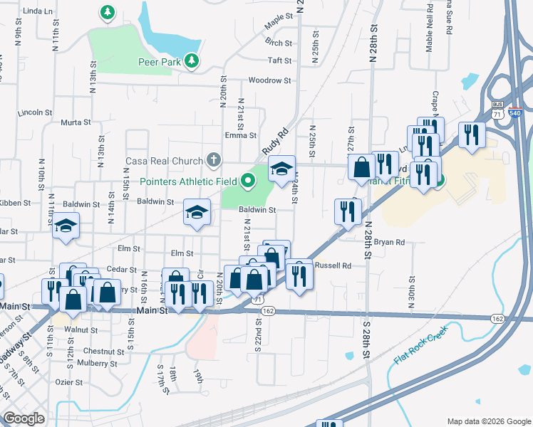 map of restaurants, bars, coffee shops, grocery stores, and more near 2200 Baldwin Street in Van Buren