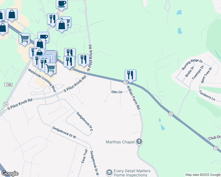 map of restaurants, bars, coffee shops, grocery stores, and more near 7668 Otts Circle in Stanley