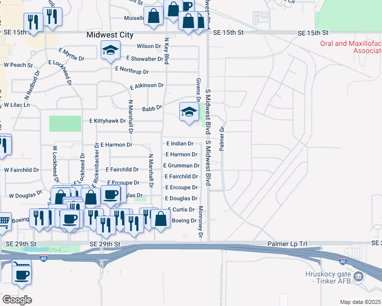 map of restaurants, bars, coffee shops, grocery stores, and more near 532 East Indian Drive in Oklahoma City