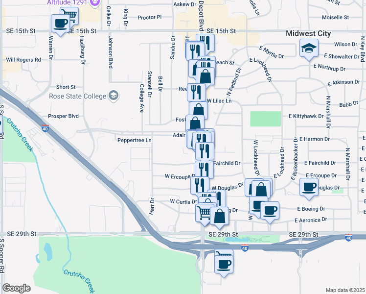 map of restaurants, bars, coffee shops, grocery stores, and more near 2303 South Air Depot Boulevard in Midwest City
