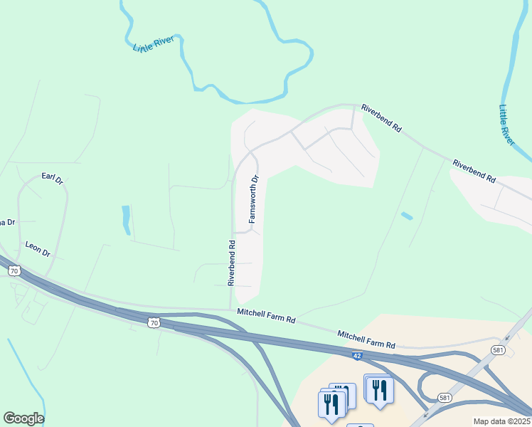 map of restaurants, bars, coffee shops, grocery stores, and more near 110 Farnsworth Drive in Goldsboro