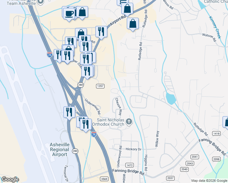 map of restaurants, bars, coffee shops, grocery stores, and more near 64 Lanceford Circle in Fletcher