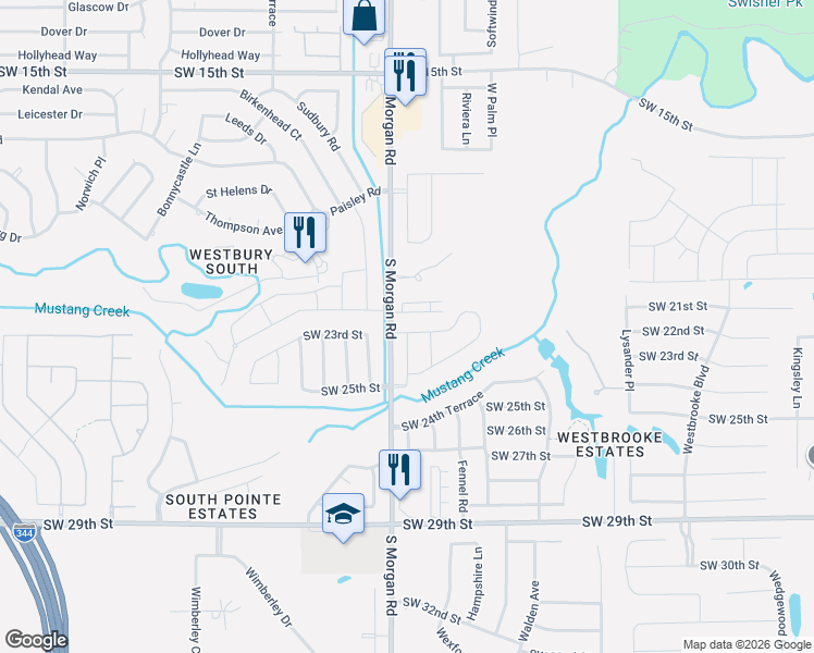 map of restaurants, bars, coffee shops, grocery stores, and more near 2300 South Morgan Road in Oklahoma City
