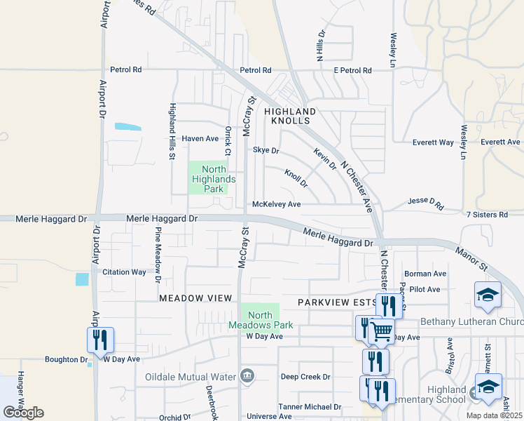 map of restaurants, bars, coffee shops, grocery stores, and more near 4100 McCray Street in Bakersfield