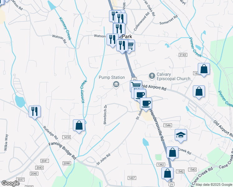map of restaurants, bars, coffee shops, grocery stores, and more near 23 North Hillcrest Road in Arden