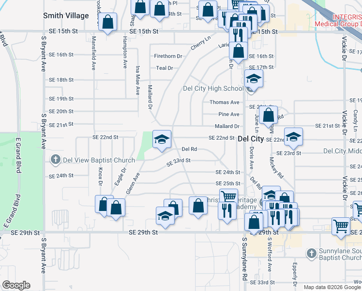 map of restaurants, bars, coffee shops, grocery stores, and more near 3900 Southeast 22nd Street in Del City