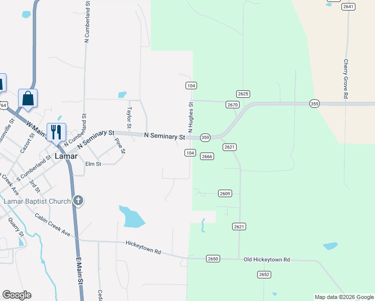 map of restaurants, bars, coffee shops, grocery stores, and more near 546 North Seminary Street in Lamar