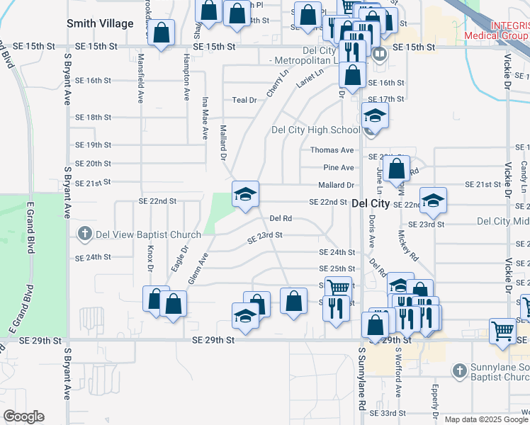 map of restaurants, bars, coffee shops, grocery stores, and more near 3900 Southeast 22nd Street in Del City