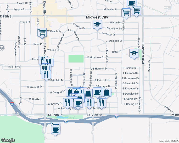 map of restaurants, bars, coffee shops, grocery stores, and more near 601 East Rickenbacker Drive in Midwest City