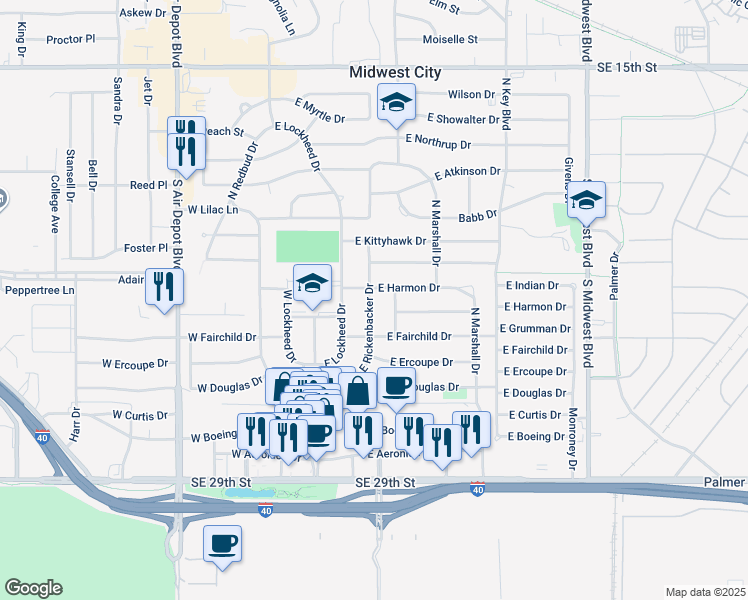 map of restaurants, bars, coffee shops, grocery stores, and more near 601 East Rickenbacker Drive in Midwest City