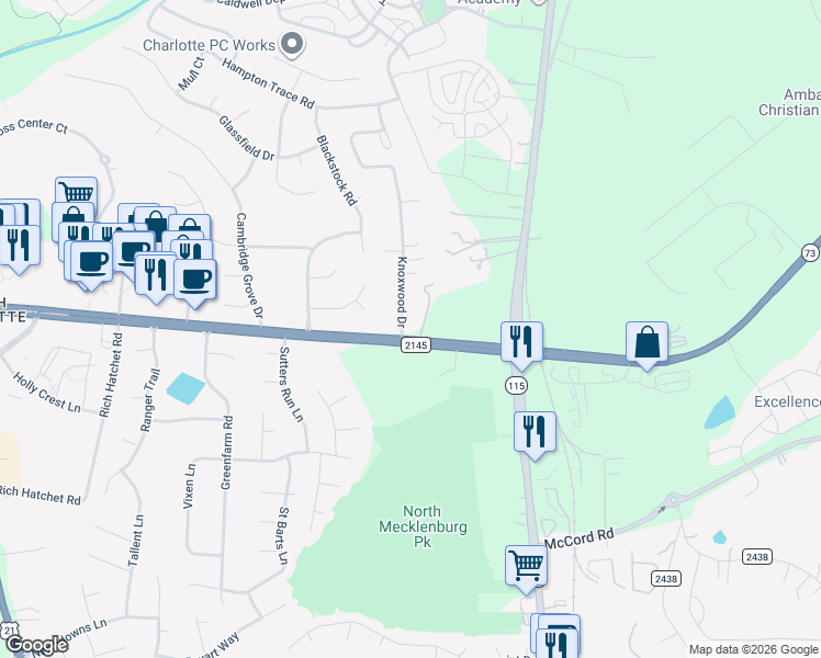 map of restaurants, bars, coffee shops, grocery stores, and more near 16824 Knoxwood Drive in Huntersville