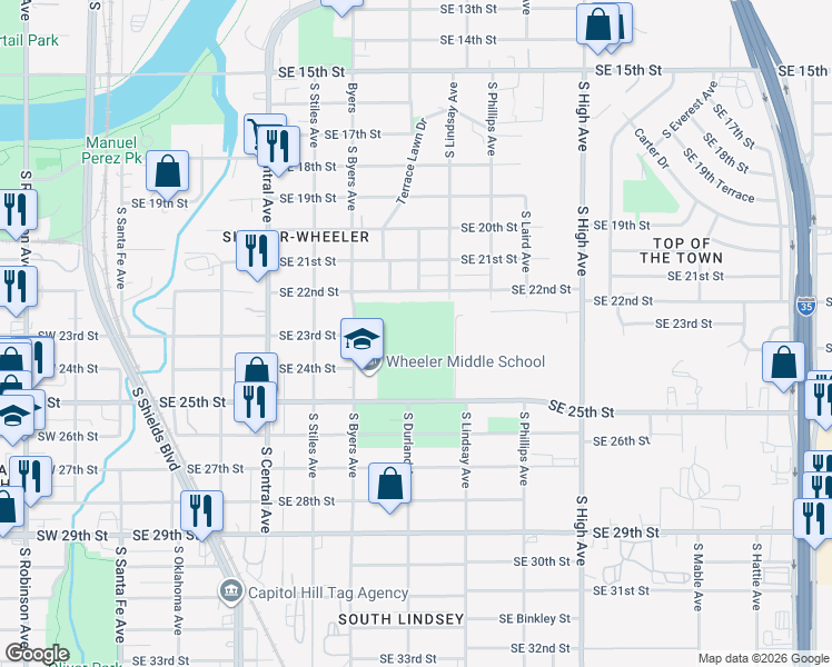map of restaurants, bars, coffee shops, grocery stores, and more near 641 Southeast 25th Street in Oklahoma City