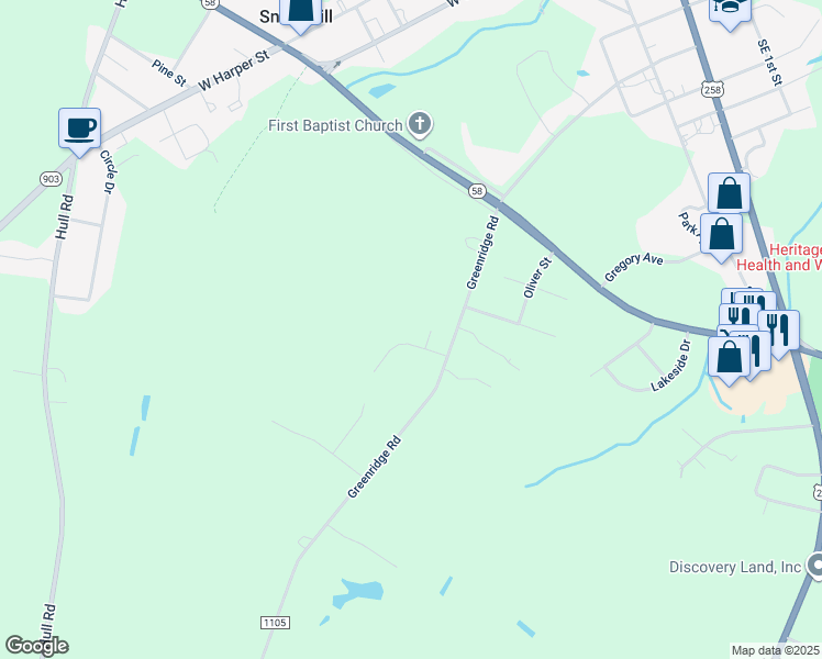 map of restaurants, bars, coffee shops, grocery stores, and more near 505 Sturbridge Drive in Snow Hill