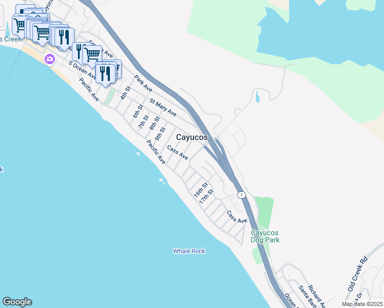 map of restaurants, bars, coffee shops, grocery stores, and more near 68 12th Street in Cayucos