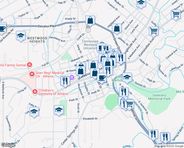 map of restaurants, bars, coffee shops, grocery stores, and more near 123 Washington Ave in Athens