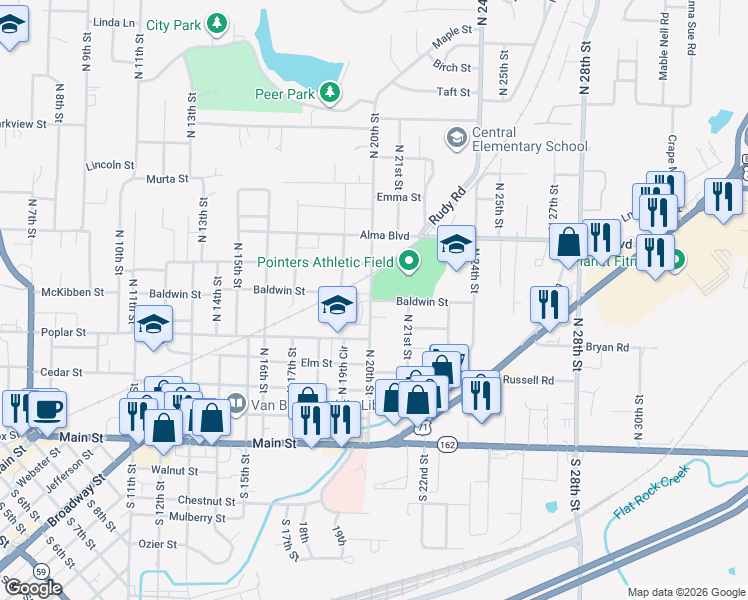map of restaurants, bars, coffee shops, grocery stores, and more near 505 North 20th Street in Van Buren