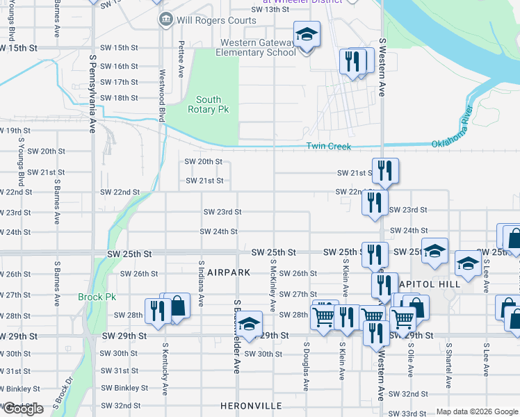 map of restaurants, bars, coffee shops, grocery stores, and more near 1208 Southwest 22nd Street in Oklahoma City