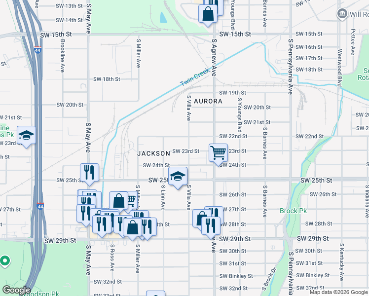 map of restaurants, bars, coffee shops, grocery stores, and more near 2500 Southwest 22nd Street in Oklahoma City
