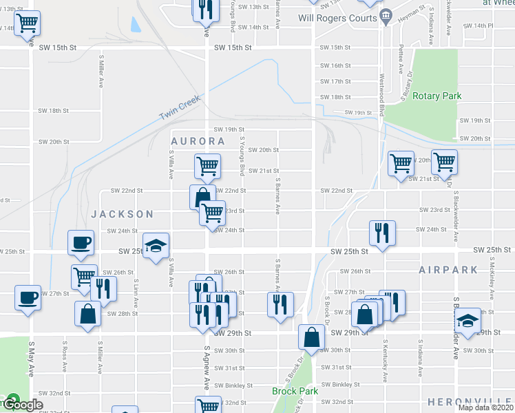 map of restaurants, bars, coffee shops, grocery stores, and more near 2229 Southwest 23rd Street in Oklahoma City