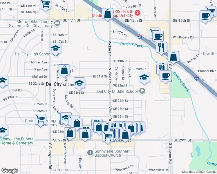 map of restaurants, bars, coffee shops, grocery stores, and more near 4632 Southeast 22nd Street in Del City