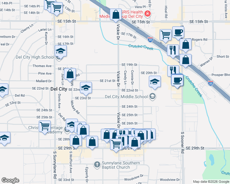 map of restaurants, bars, coffee shops, grocery stores, and more near 2216 Vickie Drive in Del City