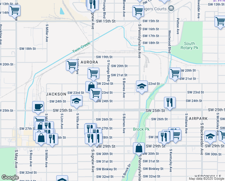 map of restaurants, bars, coffee shops, grocery stores, and more near 2305 South Youngs Boulevard in Oklahoma City